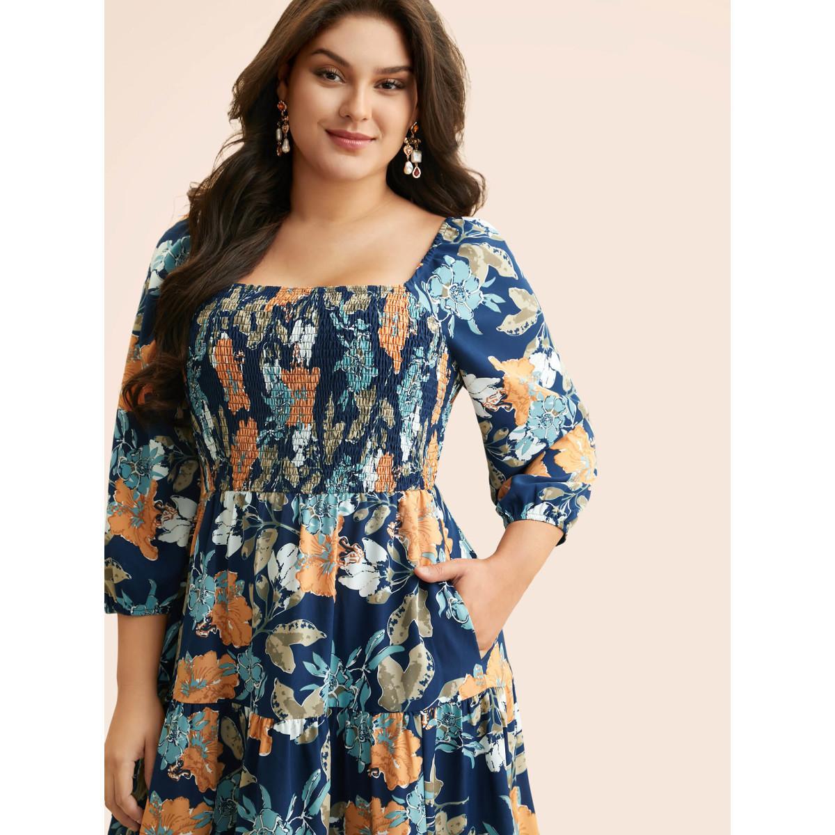 Plus Size Square Neck Floral Shirred Midi Dress Navy Women Elegant Shirred Square Neck Elbow-length sleeve Curvy BloomChic 14-16/1X Product Image
