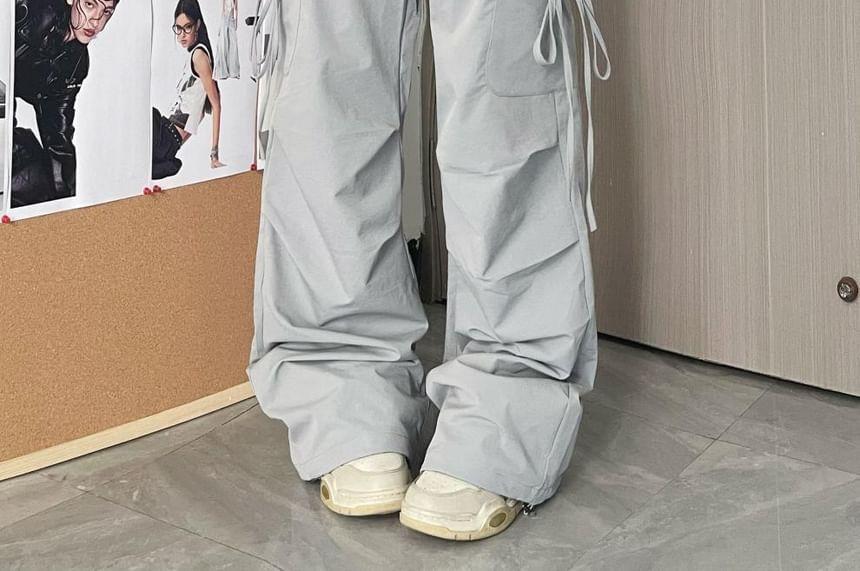 Drawstring Mid Rise Plain Baggy Cargo Pants Product Image