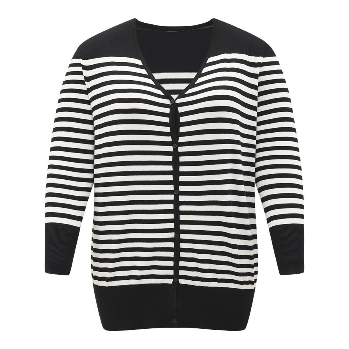 Plus Size Supersoft Essentials Striped Patchwork Elastic Cuffs Cardigan Black Women Casual Loose Long Sleeve Dailywear Cardigans BloomChic 18-20/2X Product Image
