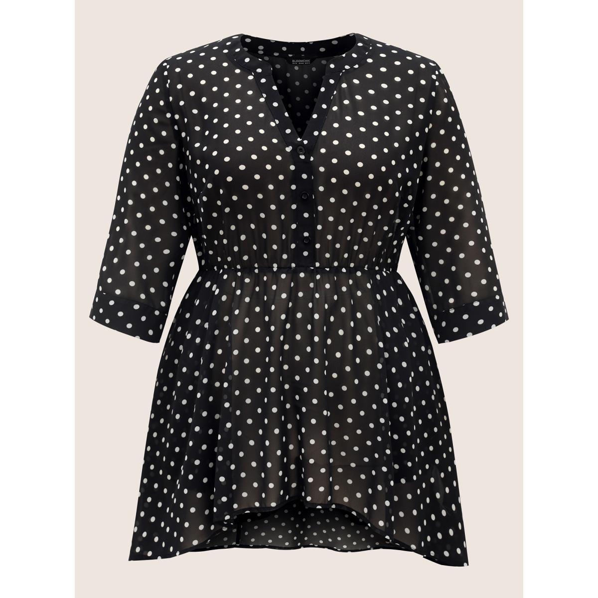 Plus Size Black Chiffon Polka Dot Button Detail Blouse Women Elegant Elbow-length sleeve Flat collar with V-notch Everyday Blouses BloomChic 10/M Product Image