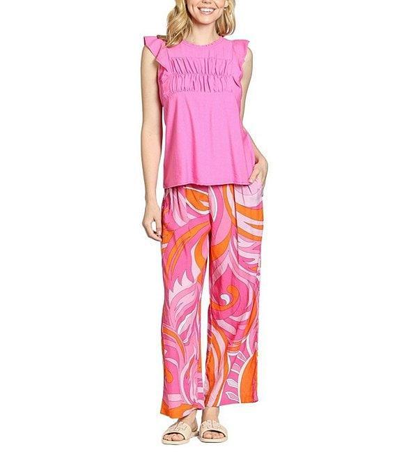 APNY Crinkle Woven Round Neck Cap Flutter Sleeve Top Product Image