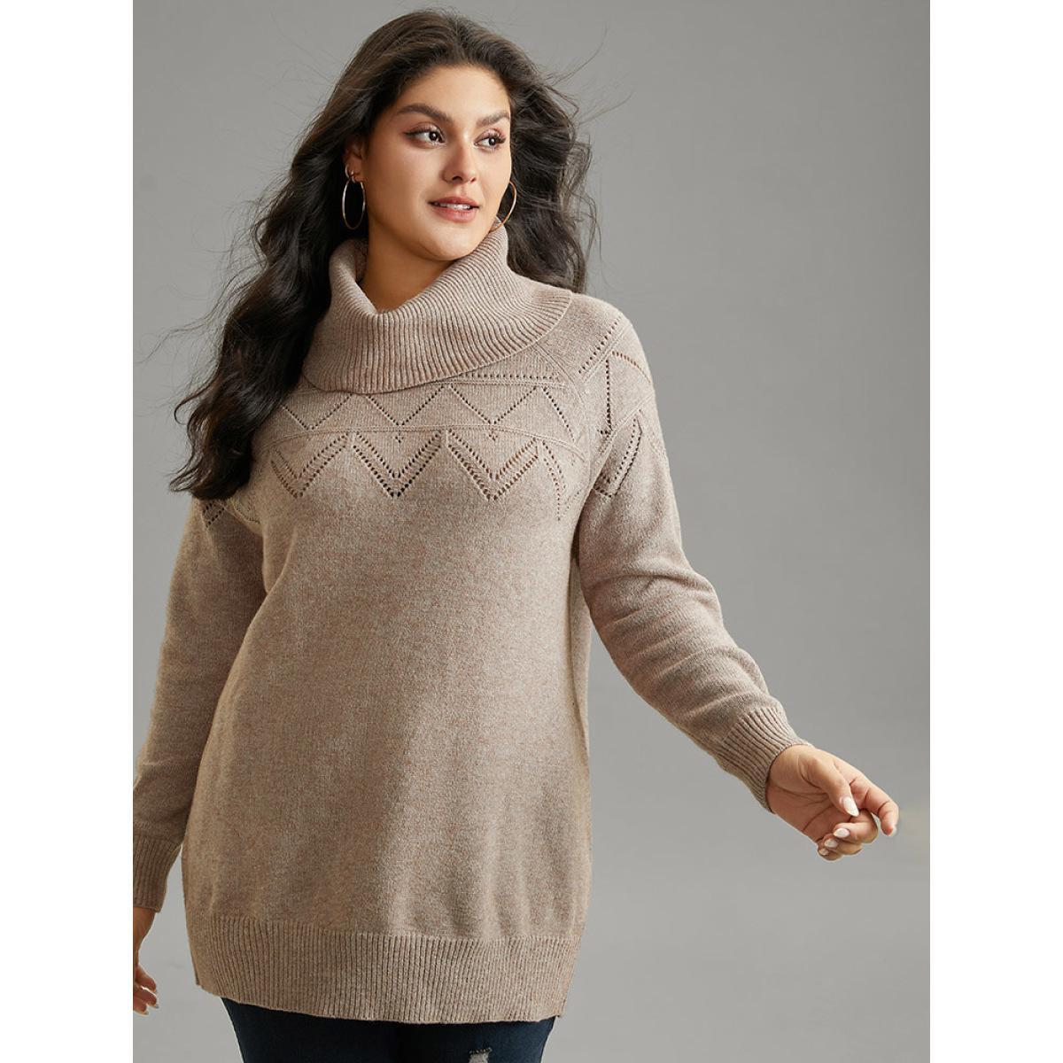 Plus Size Supersoft Essentials Anti-Pilling Turtle Neck Eyelet Pullover LightBrown Women Casual Loose Long Sleeve Turtleneck Dailywear Pullovers BloomChic 30/6X Product Image