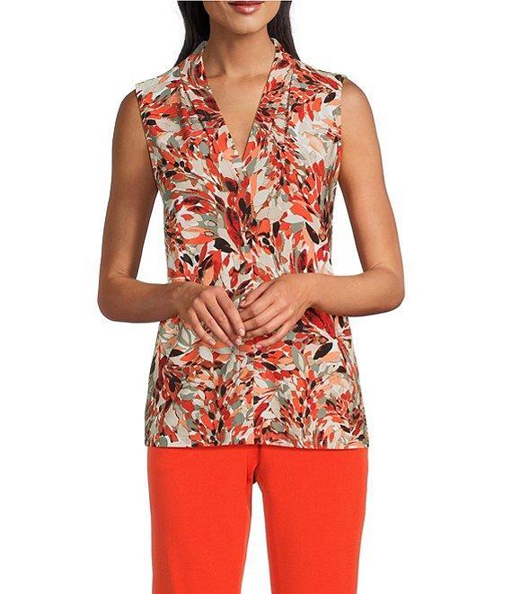 Kasper Printed Pleat V-Neck Sleeveless Top Product Image