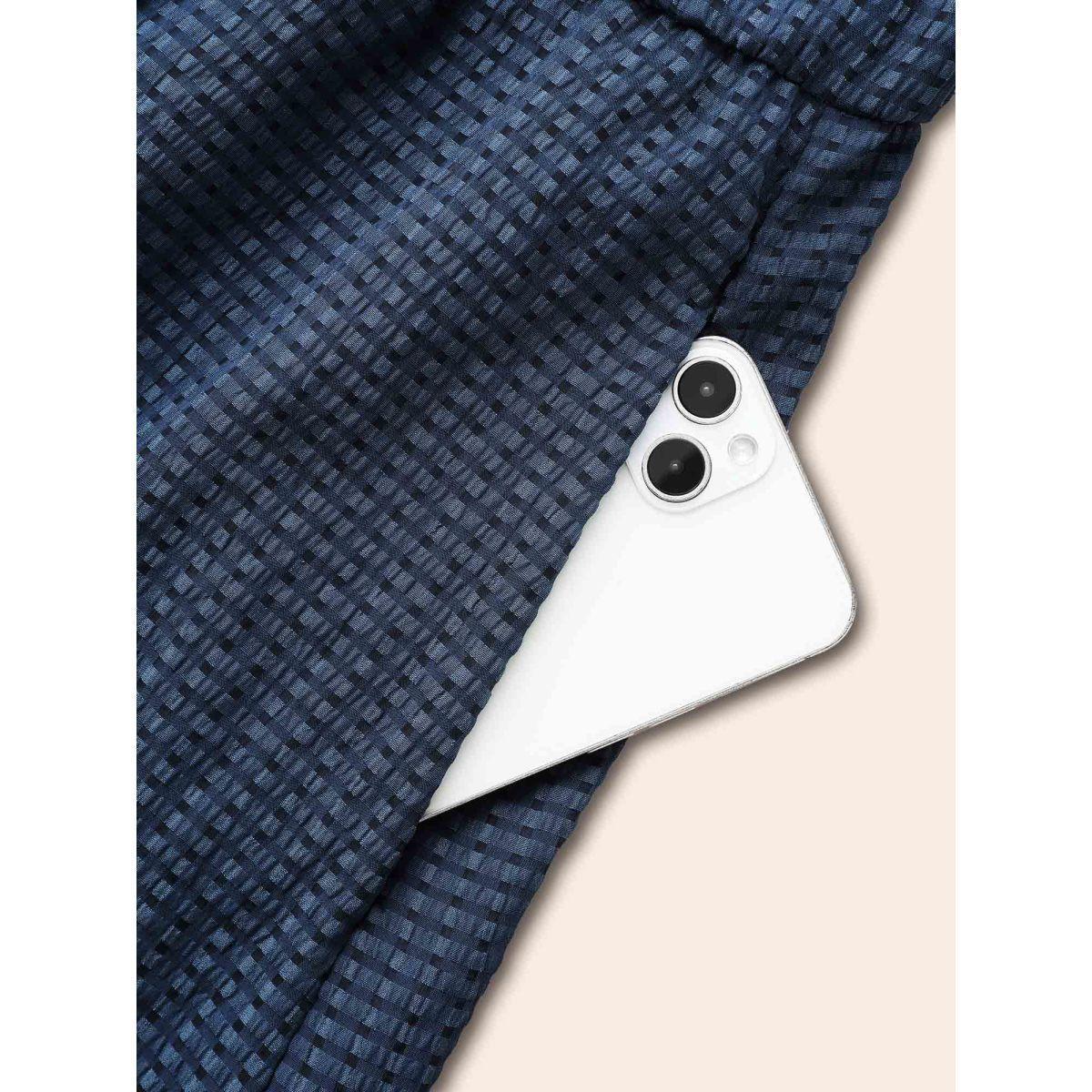 Plus Size Overlap Collar Plain Textured Midi Dress DarkBlue Women Elegant Texture Overlap Collar Long Sleeve Curvy BloomChic 10/M Product Image