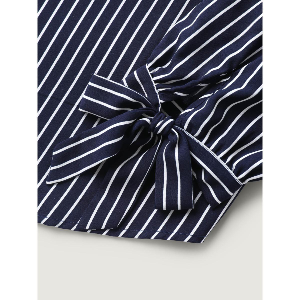 Plus Size DarkBlue Striped Notched Collar Sleeve Tie Blouse Women Three Quater Length Sleeve Flat collar with V-notch Work Blouses BloomChic 12/L Product Image