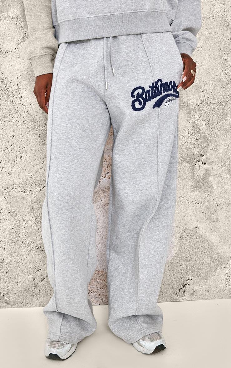  Tall Grey Marl Baltimore Borg Applique Detail Wide Leg Sweatpants Product Image
