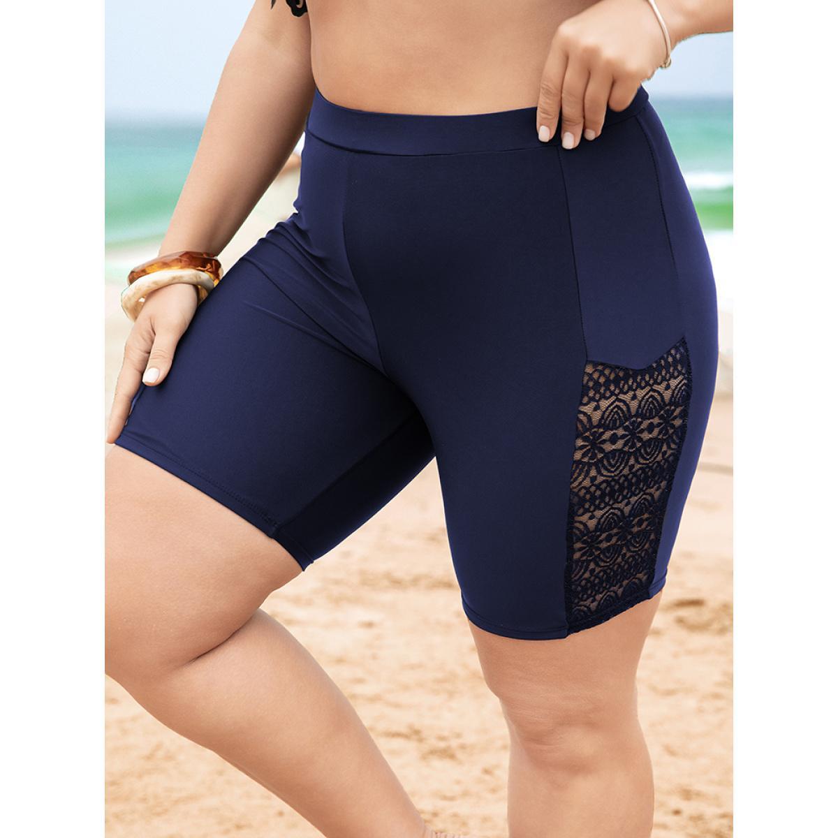 Plus Size Lace Insert High Waist Swim Shorts Women's Swimwear Indigo Vacation See through High stretch Skinny High Rise Curve Swim Bottoms BloomChic 30/6X Product Image