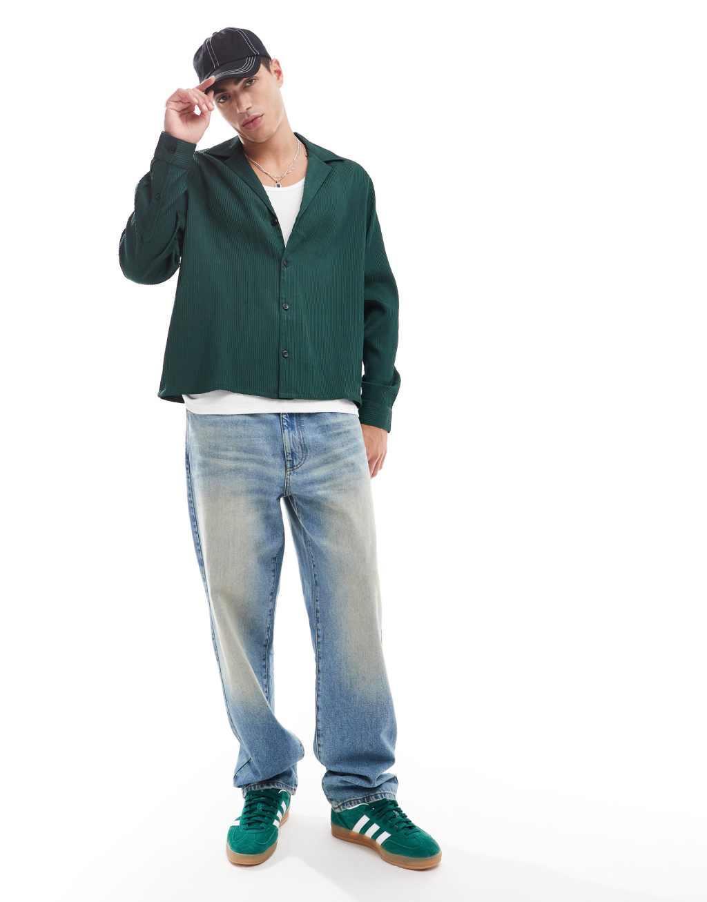 ASOS DESIGN boxy oversized plisse shirt in green Product Image