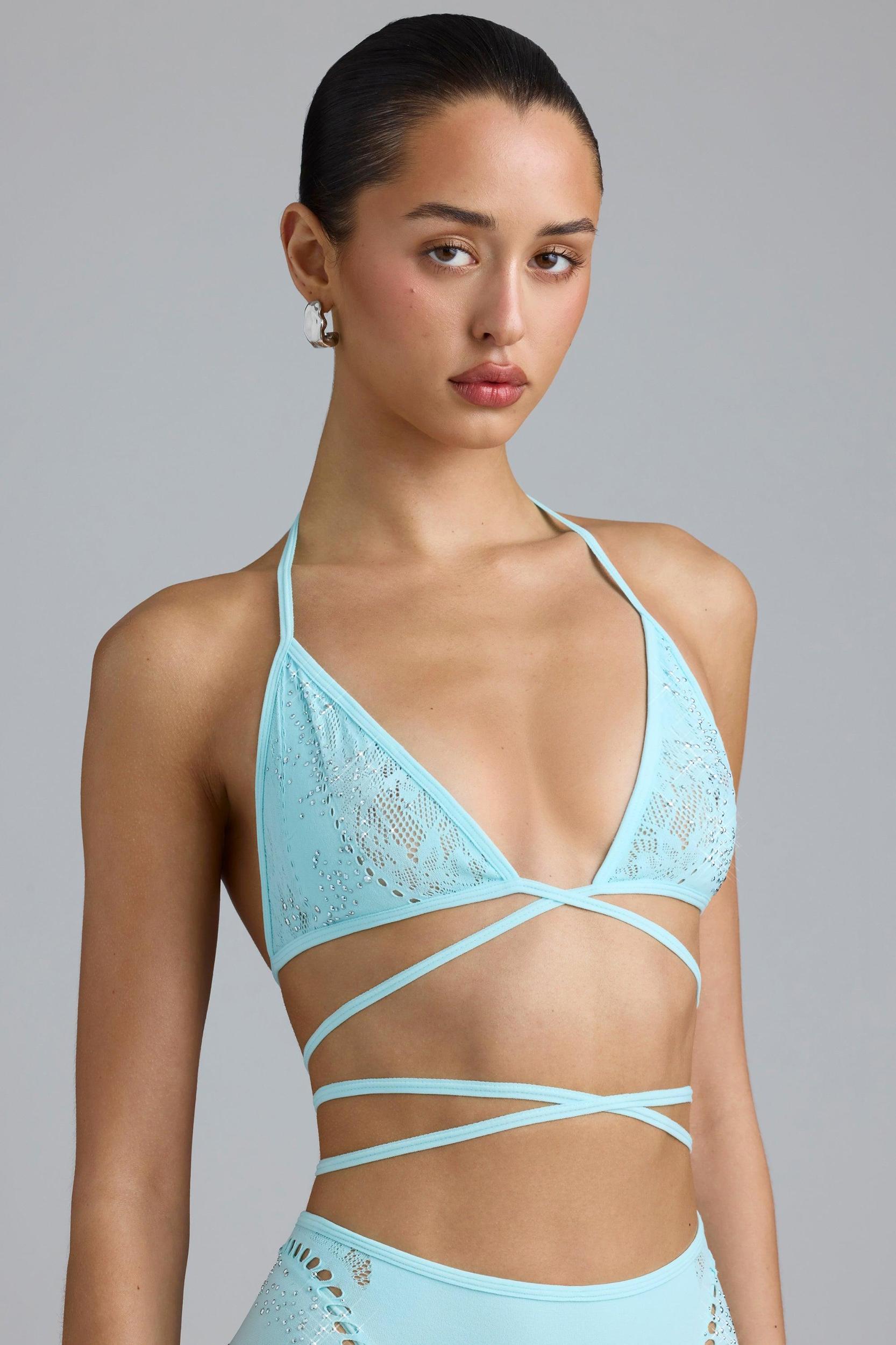 Embellished Cross-Strap Bikini Top in Ice Blue Product Image