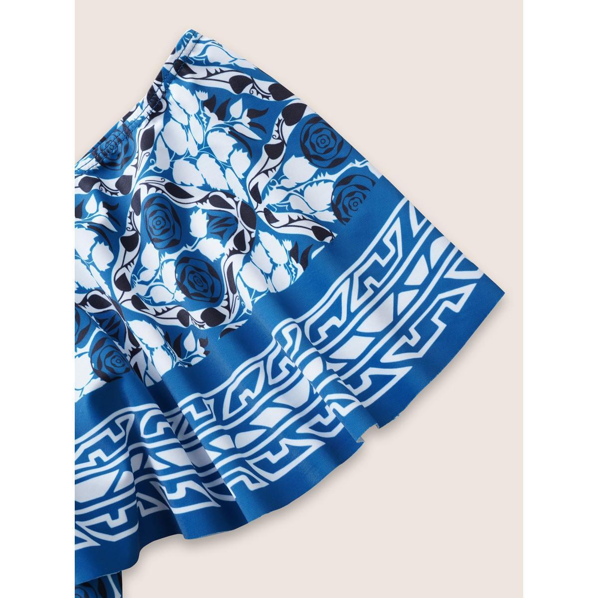 Plus Size Off Shoulder Boho Print Ruffle Trim Swim Dress Women's Swimwear Indigo Beach Bodycon One-shoulder neck High stretch Curve Swim Dresses BloomChic 14-16/1X Product Image