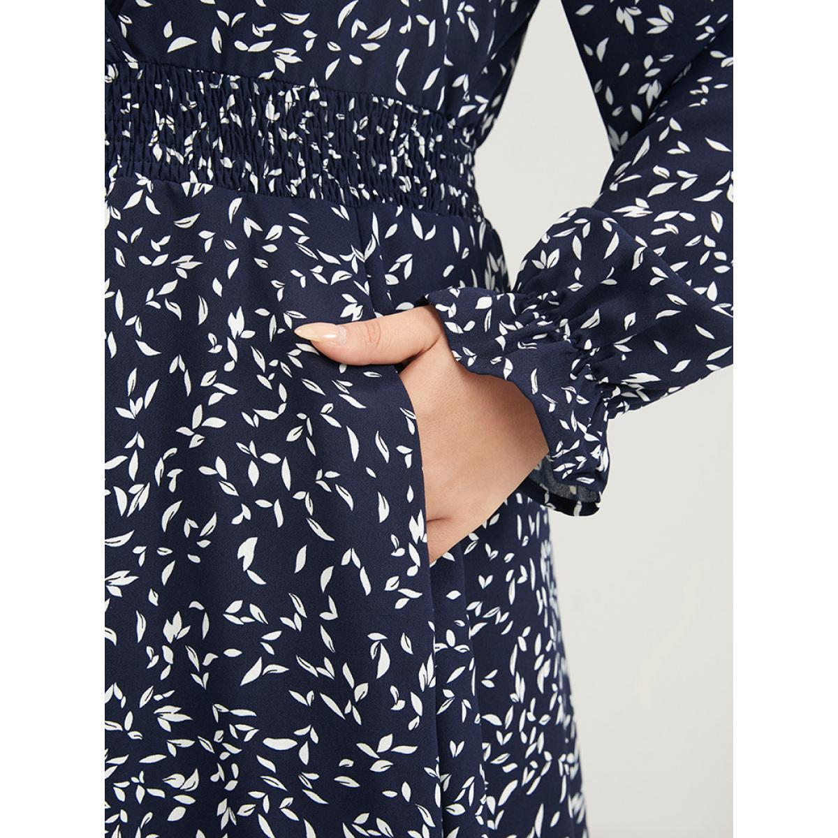 Plus Size Plant Print Pocket Lantern Sleeve Wrap Shirred Dress Indigo Women Elegant Shirred V-neck Long Sleeve Curvy Midi Dress BloomChic 12/L Product Image