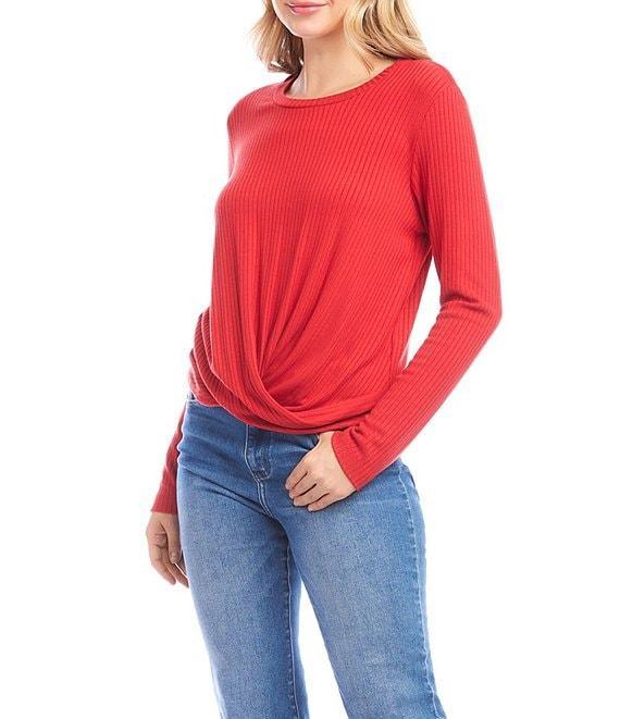 Karen Kane Ribbed Knit Crew Long Sleeved Drape Front Crossover Top Product Image