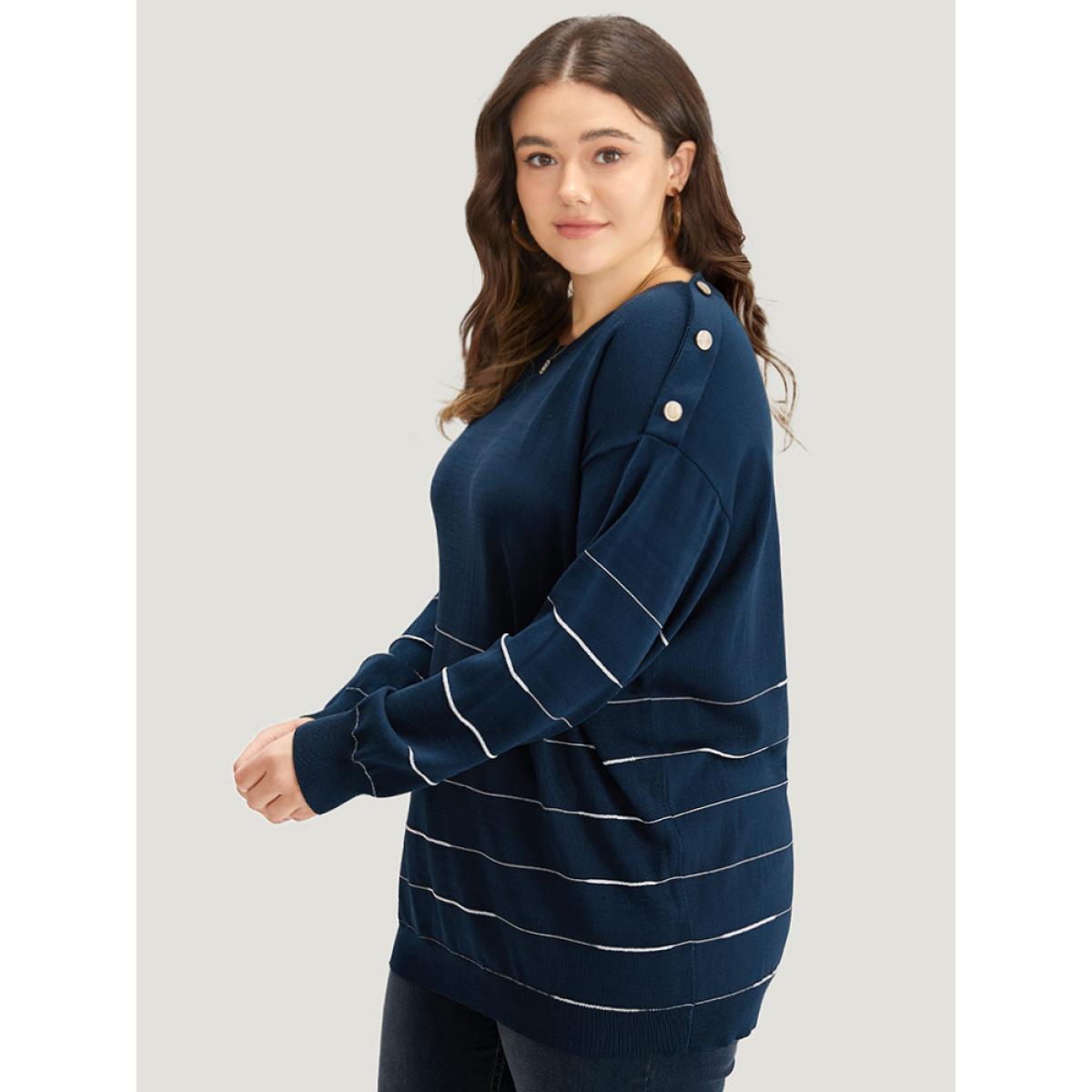 Plus Size Striped Metal Button Detail Elastic Cuffs Pullover Navy Women Casual Loose Long Sleeve Round Neck Everyday Pullovers BloomChic 30/6X Product Image
