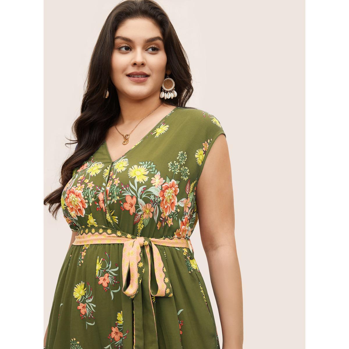 Plus Size Sage Boho Print Overlap Collar Belted Sleeveless Jumpsuit Women Resort Cap Sleeve V-neck Vacation Loose Jumpsuits BloomChic 10/M Product Image