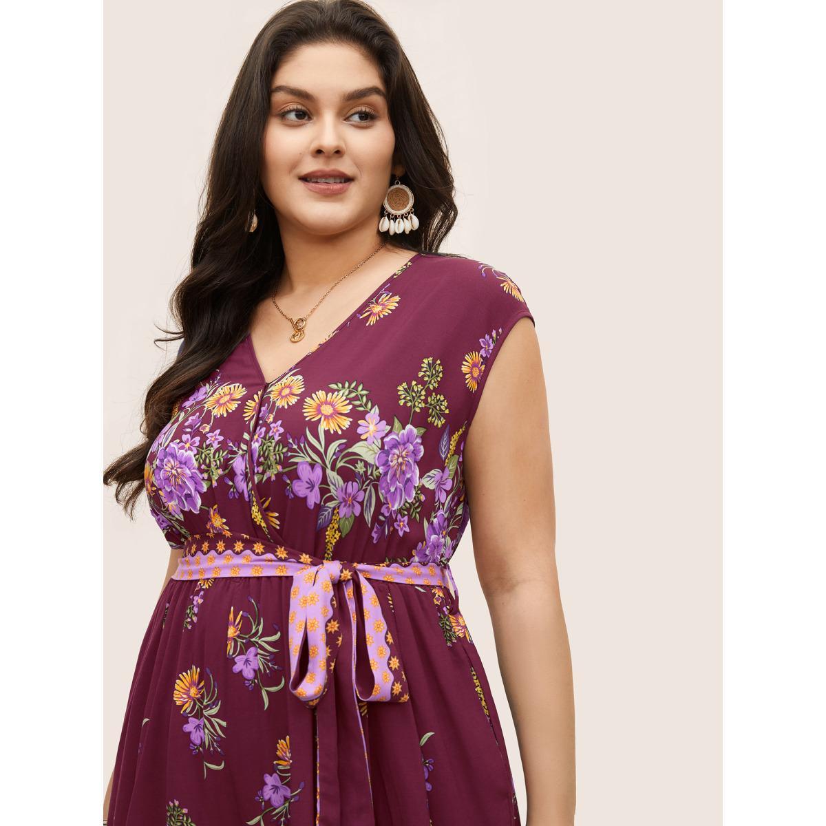 Plus Size RedViolet Boho Print Overlap Collar Belted Sleeveless Jumpsuit Women Resort Cap Sleeve V-neck Vacation Loose Jumpsuits BloomChic 14-16/1X Product Image