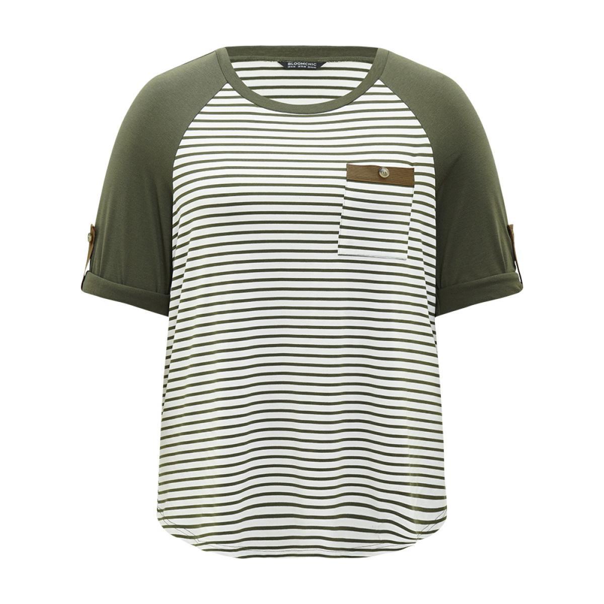 Plus Size Striped Patchwork Patched Pocket Raglan Sleeve T-shirt ArmyGreen Women Casual Contrast Striped Round Neck Dailywear T-shirts BloomChic 10/M Product Image