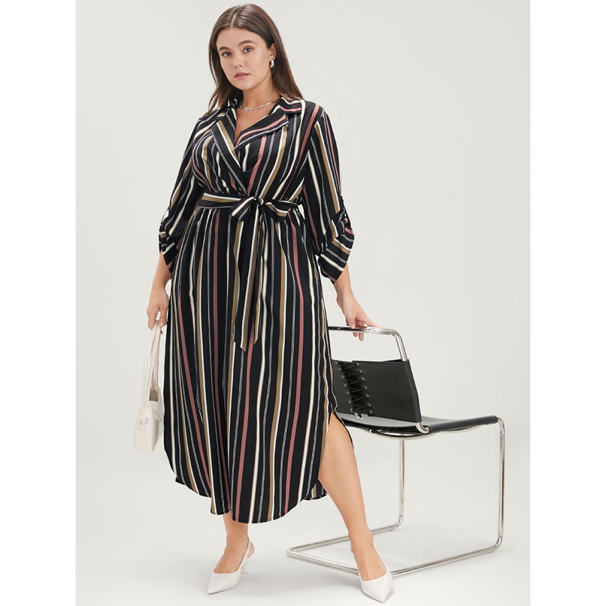 Plus Size Striped Lapel Collar Cuffed Sleeve Pocket Belted Arc Hem Dress DarkBlue Women Office Belted Lapel Collar Long Sleeve Curvy Midi Dress BloomChic 14-16/1X Product Image