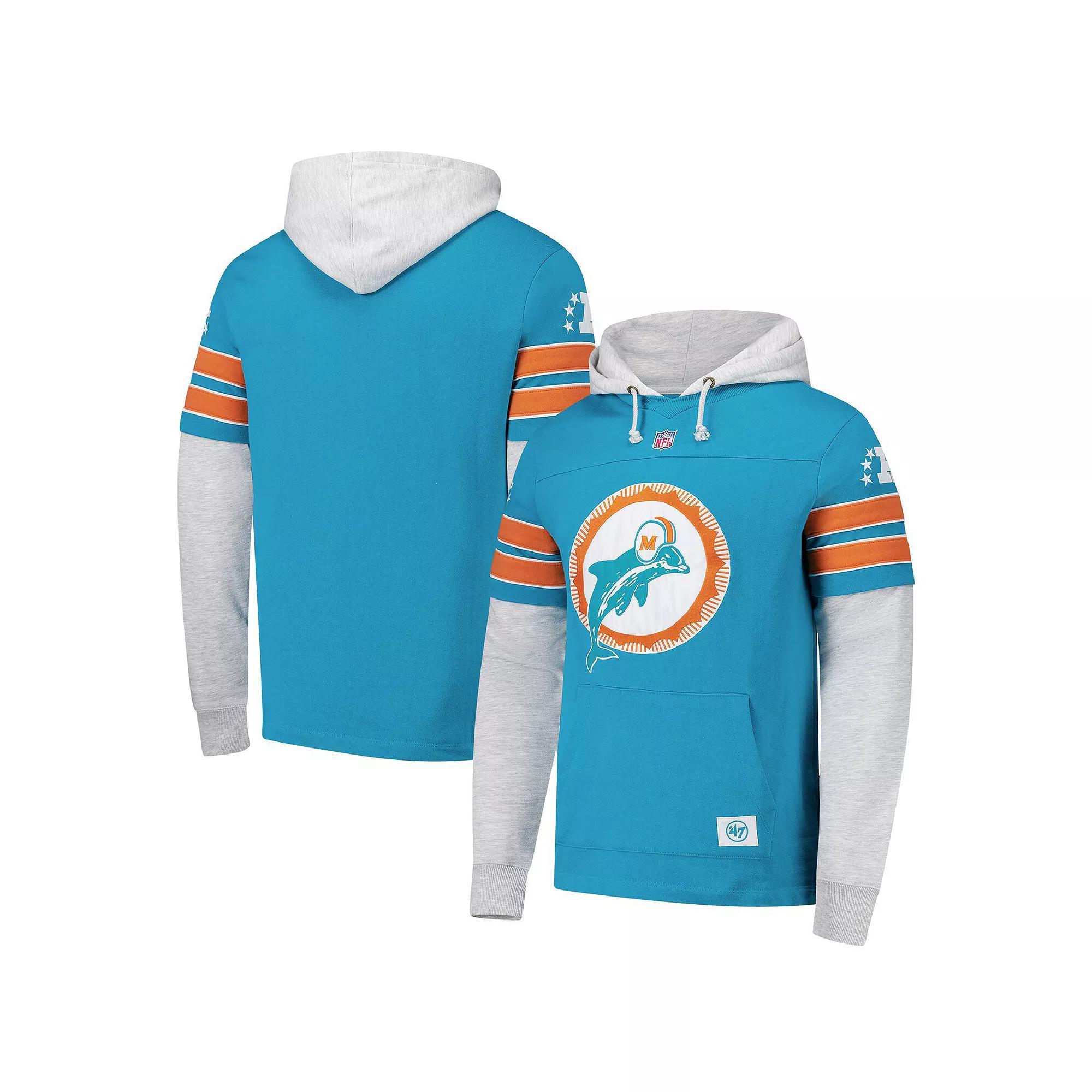 Men's '47 Aqua Miami Dolphins  Double Header Blitz Throwback Cornerback Pullover Hoodie, Size: 2XL, Turquoise A Product Image