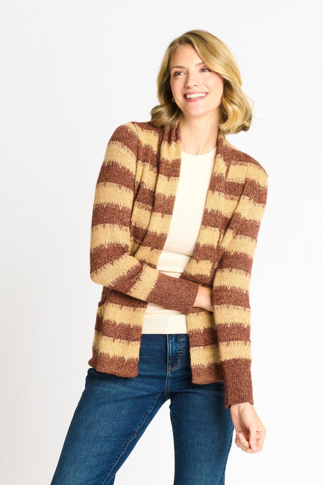 Wave Stripe J-Pocket Cardigan Sweater, Caramel Heather Product Image