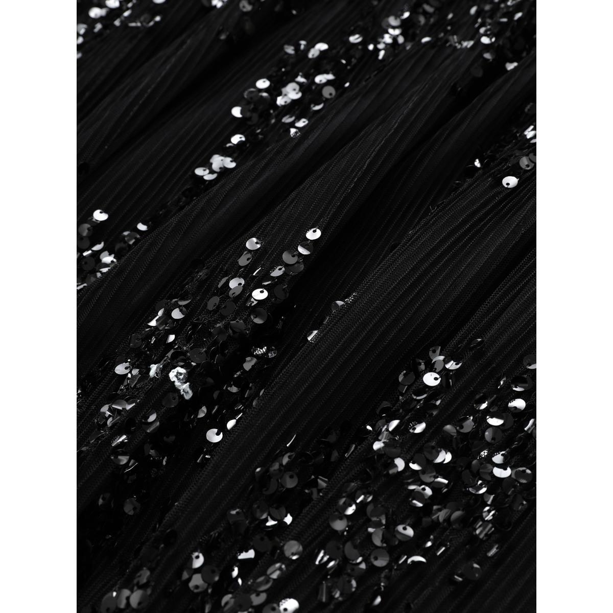 Plus Size Sequin Mesh Patchwork Square Neck Elastic Waist Dress Black Women Cocktail Sequin Square Neck Half Sleeve Curvy Midi Dress BloomChic 30/6X Product Image