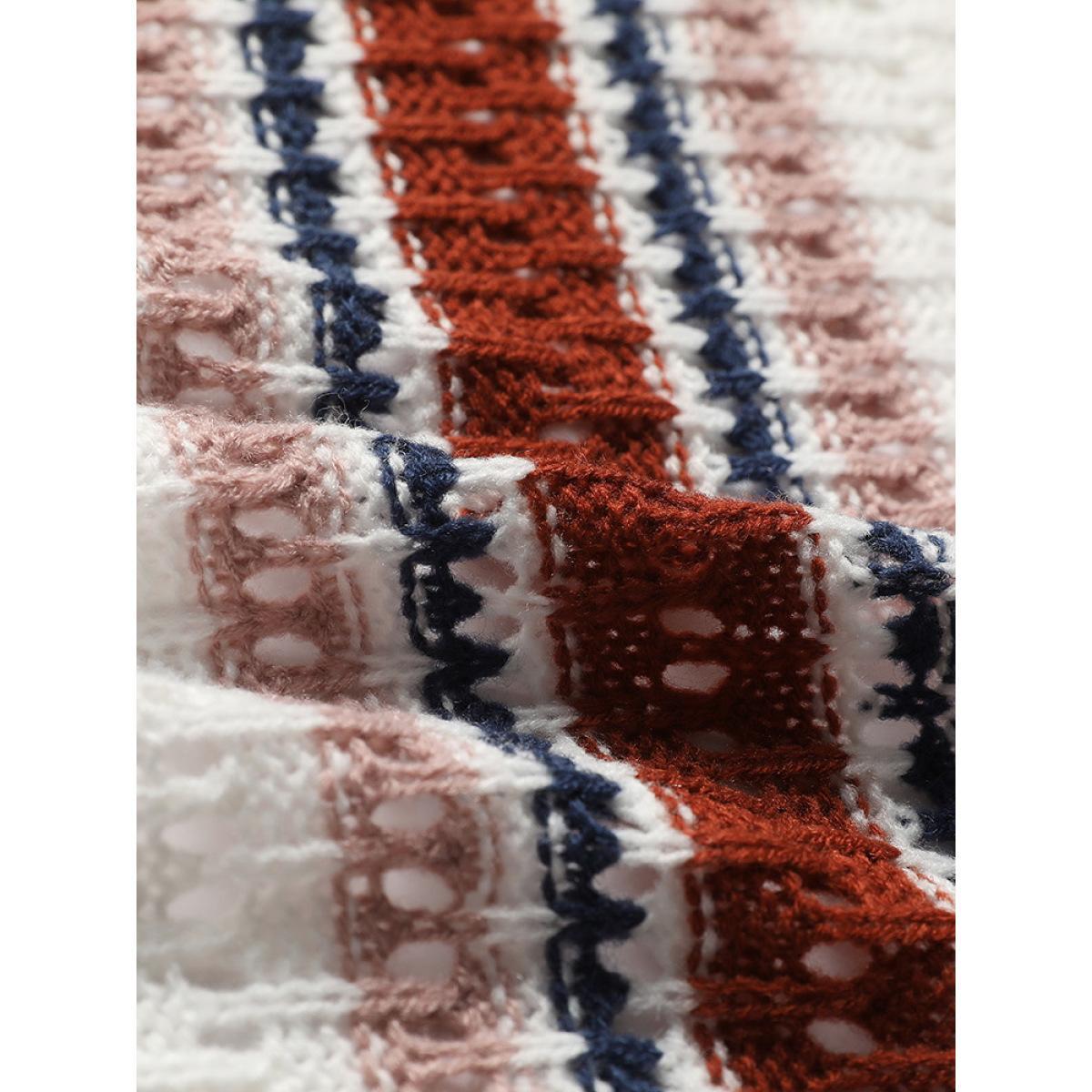 Plus Size Striped Contrast Pointelle Knit Button Through Cardigan Multicolor Women Casual Loose Long Sleeve Dailywear Cardigans BloomChic 12/L Product Image