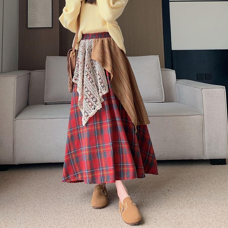 High Rise Plaid Patchwork Maxi A-Line Skirt Product Image