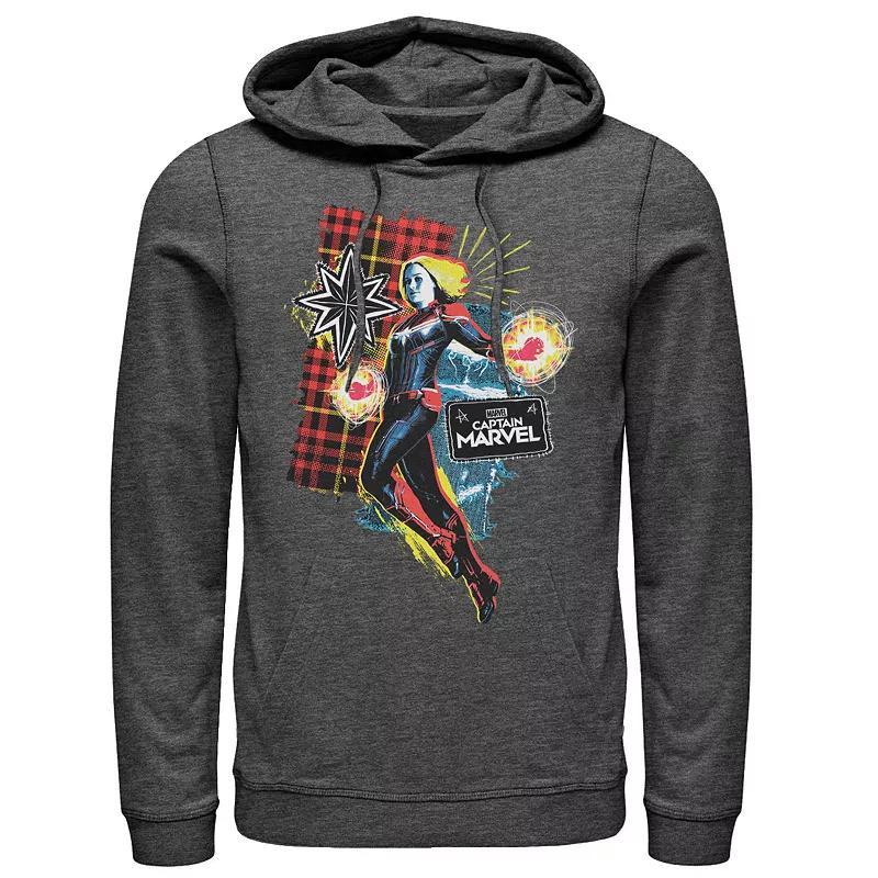 Men's Marvel Captain Marvel Plaid Jean Patched Portrait Pullover Hoodie, Size: Large, Grey Heather Product Image