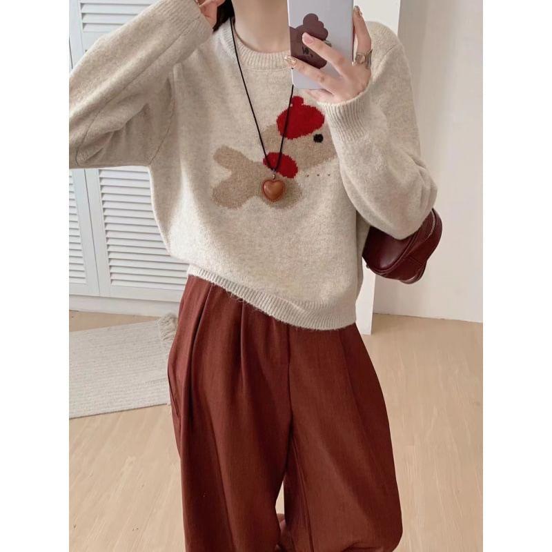 Round Neck Bear Embroidered Sweater Product Image