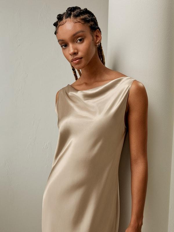 Cowl-Neck Watershine Silk Midi Dress Product Image