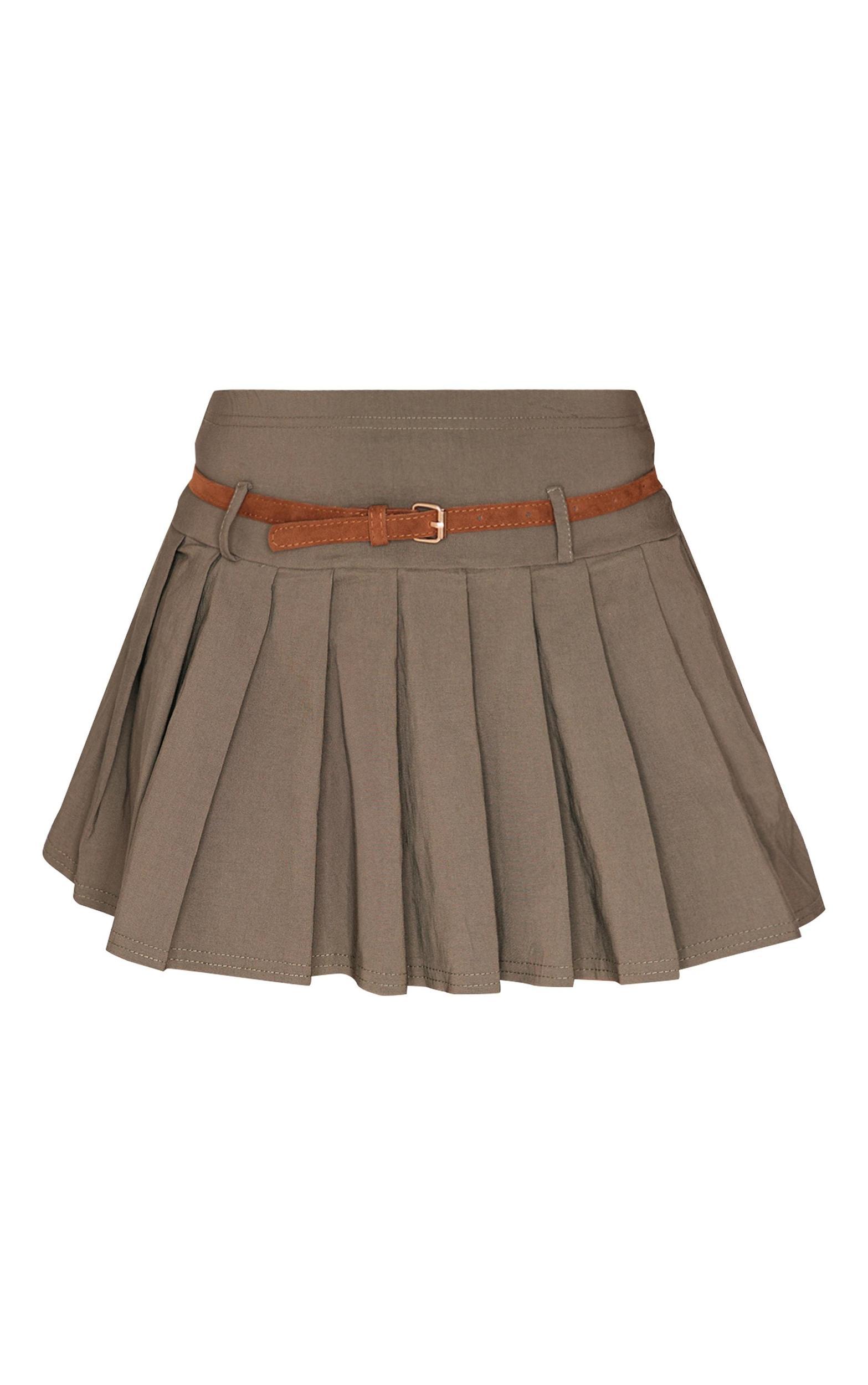  Khaki Stretch Woven Belt Detail Pleated Mini Skirt Product Image