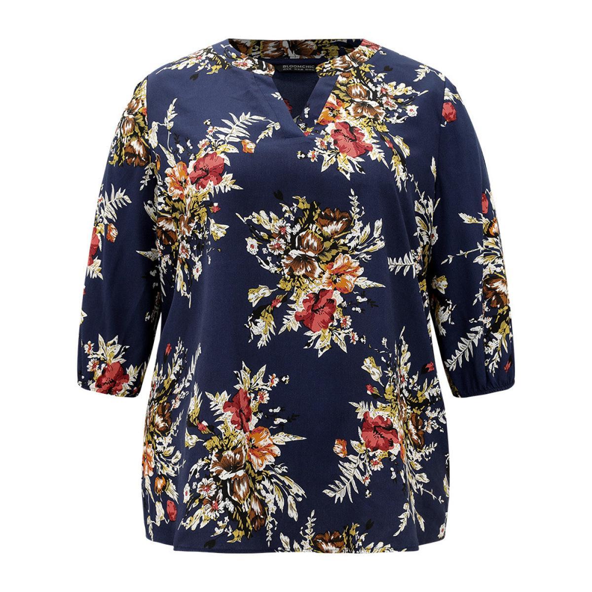 Plus Size Indigo Floral Print Notched Elastic Cuffs Blouse Women Elegant Elbow-length sleeve V-neck Dailywear Blouses BloomChic 12/L Product Image