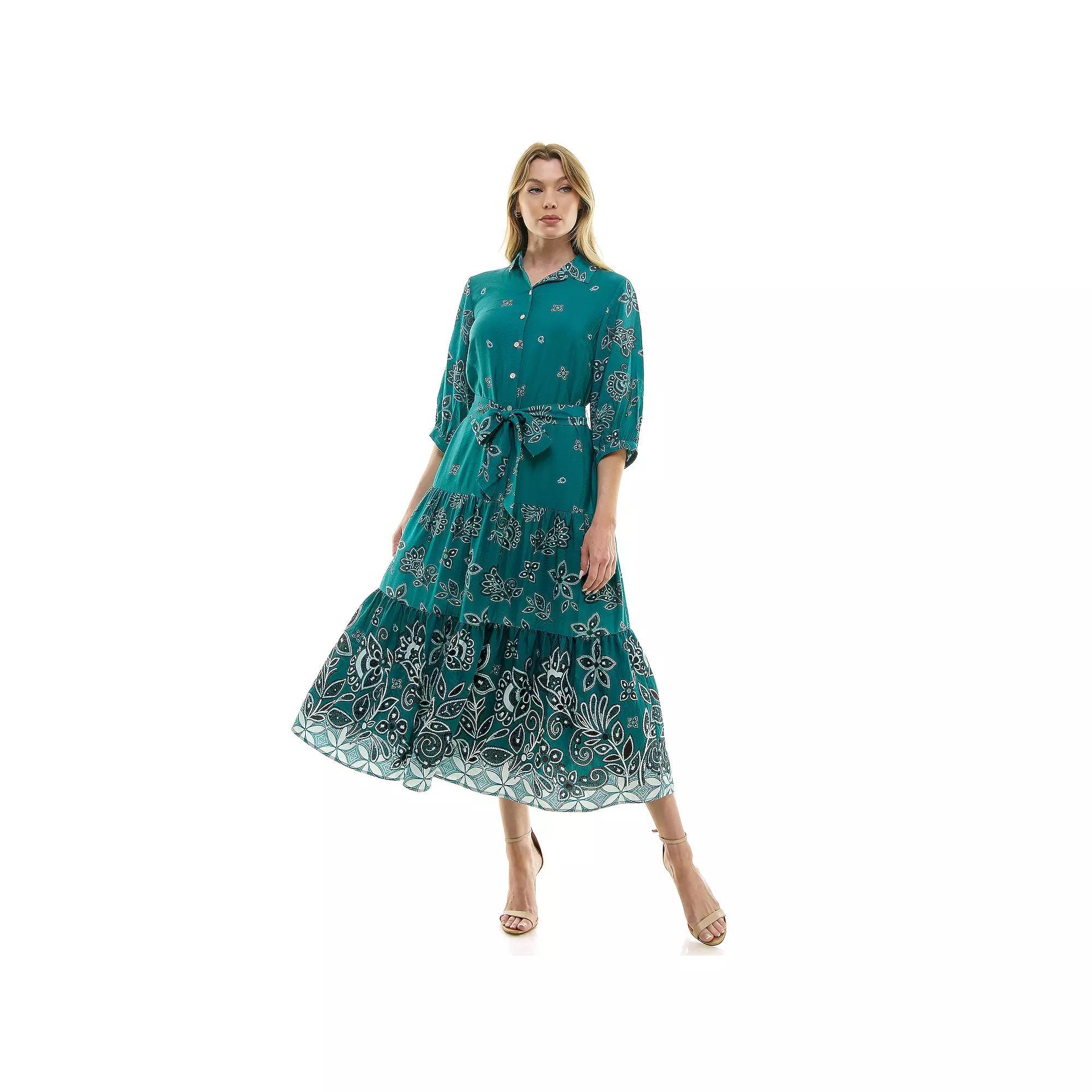 Women's Figueroa & Flower Button Front Belted Maxi Dress, Size: Medium, Teal Ivory Product Image