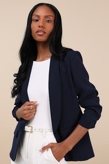 Established Excellence Dark Navy Ruched Blazer Product Image
