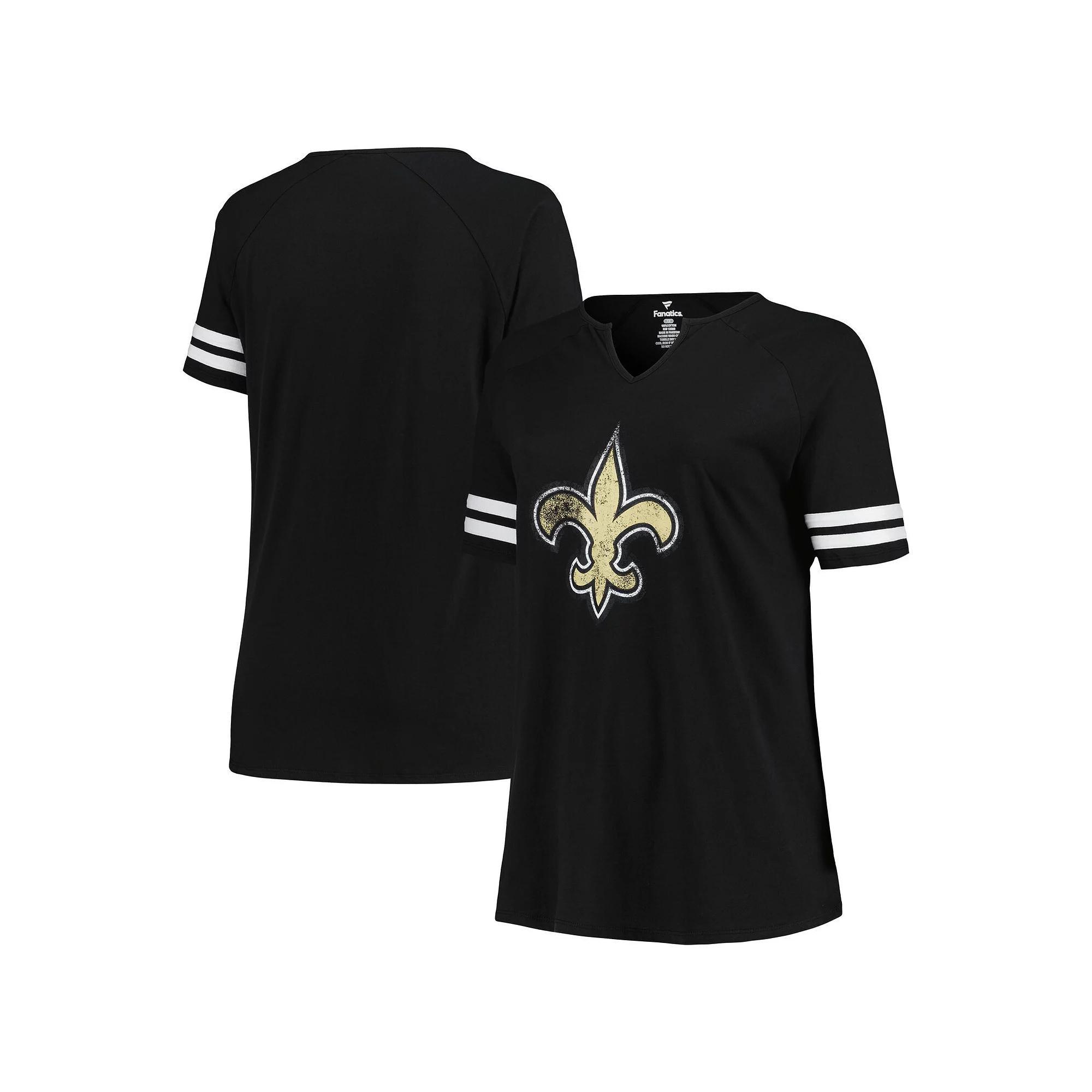 Women's Fanatics Branded Black New Orleans Saints Plus Size Logo Notch Neck Raglan Sleeve T-Shirt, Size: 2XL Product Image
