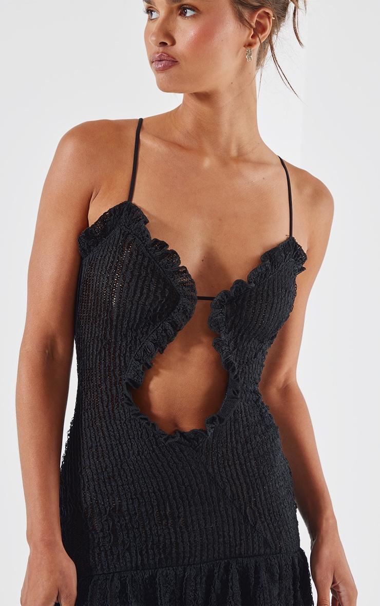 Black Textured Frill Hem Cut Out Mini Dress Product Image