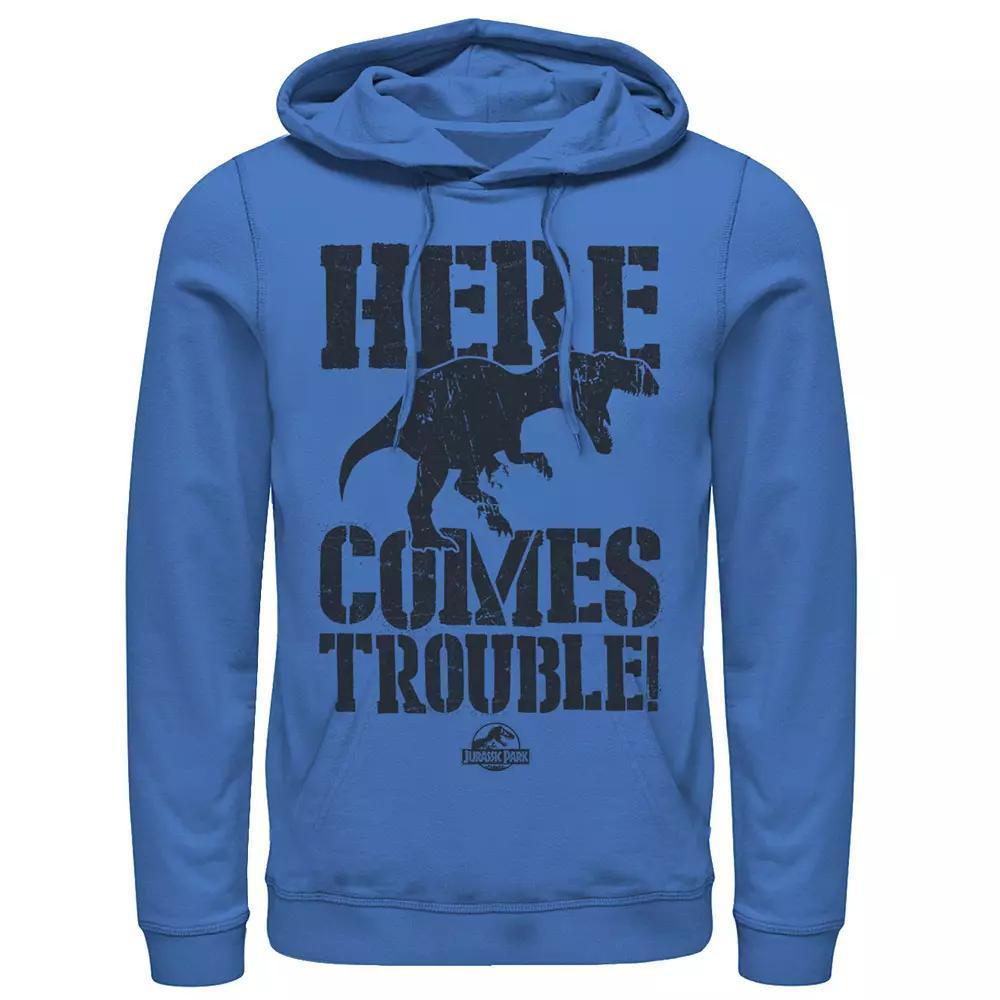 Men's Jurassic Park Here Comes Trouble Pullover Graphic Hoodie, Size: 3XL, Royal Product Image
