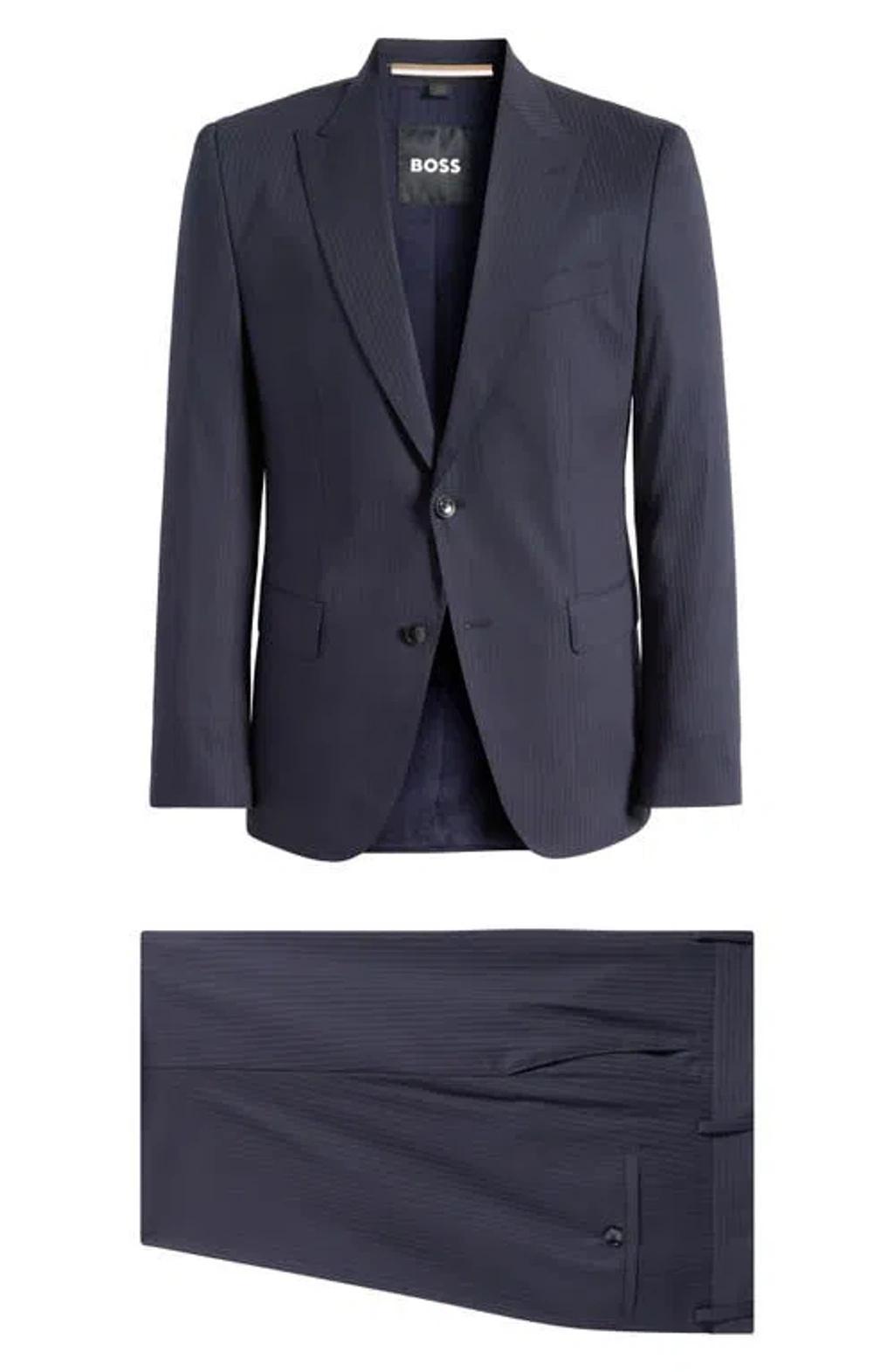 HUGO BOSS Boss Huge Navy Pinstripe Stretch Wool Blend Suit In Dark Blue Product Image