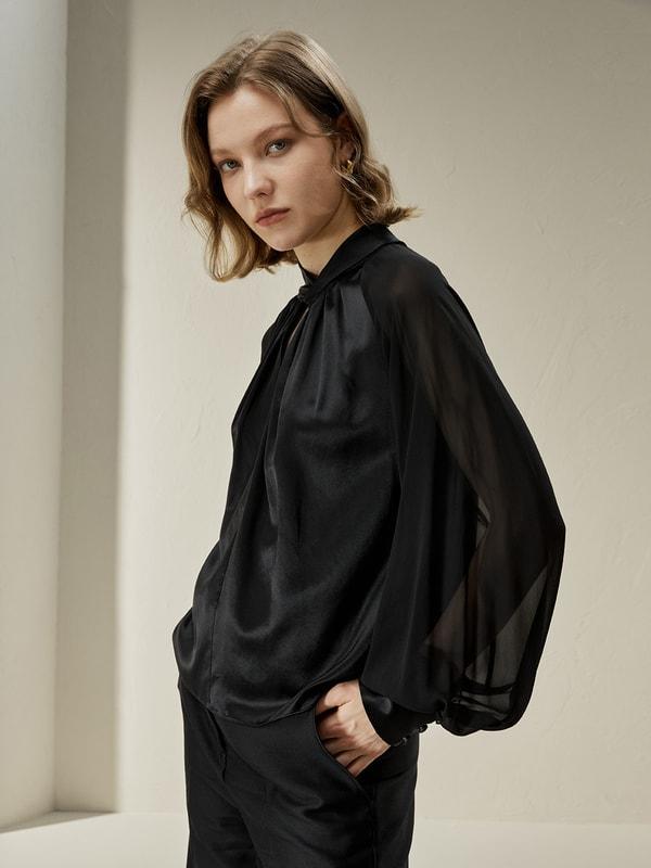Evelyn Silk Blouse with Semi-Sheer Sleeves Product Image