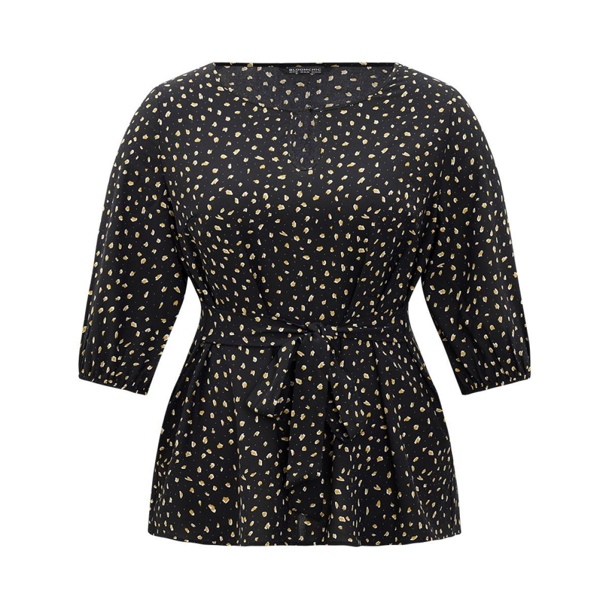 Plus Size Black Dot Button Up Keyhole Ties Lantern Sleeve Blouse Women Elegant Elbow-length sleeve Keyhole Cut-Out Dailywear Blouses BloomChic 28/5X Product Image