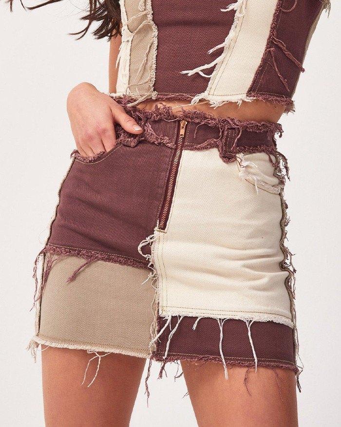 Patchwork Denim Mini Skirt Product Image