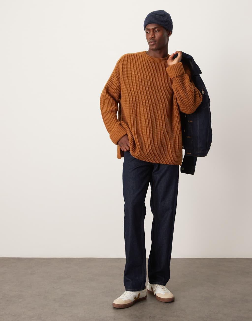 ASOS DESIGN oversized wool mix heavyweight ribbed sweater in tan Product Image