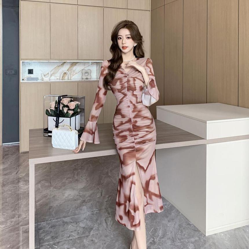Long Sleeve V-Neck Patterned Print Ruched Slit Midi Mermaid Dress Product Image