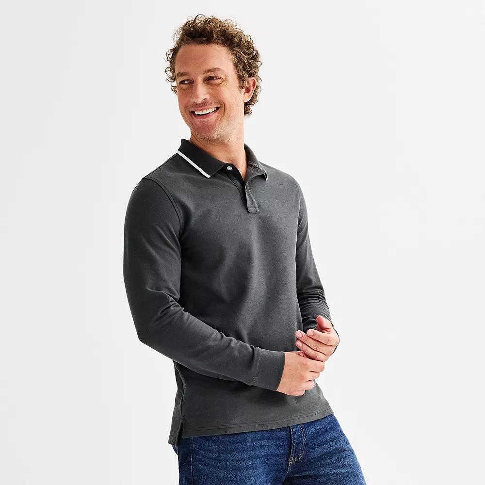 Men's Sonoma Goods For Life® Long Sleeve Pique Polo, Size: XL, White Gray Tipping Product Image