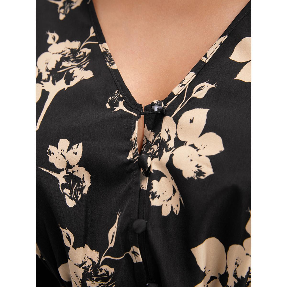 Plus Size Floral V Neck Button Pocket Shirred Midi Dress Black Women Elegant Pocket V-neck Long Sleeve Curvy Midi Dress BloomChic 22-24/3X Product Image