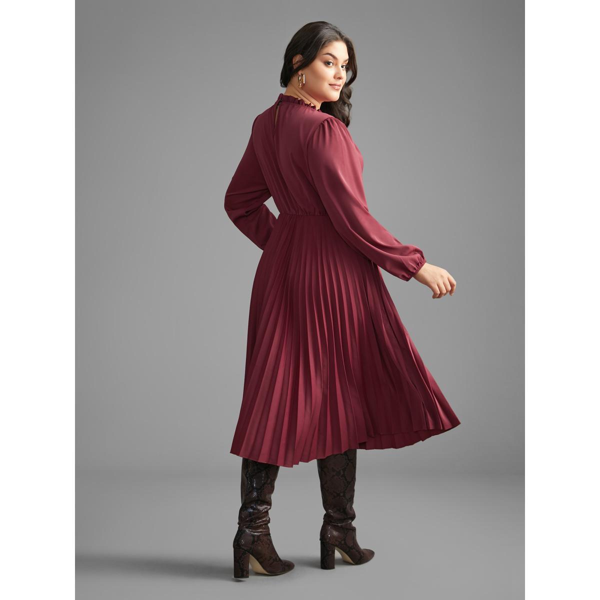 Plus Size Mock Neck Frill Trim Pleated Dress Burgundy Women At the Office Gathered Mock Neck Long Sleeve Curvy BloomChic 26/4X Product Image