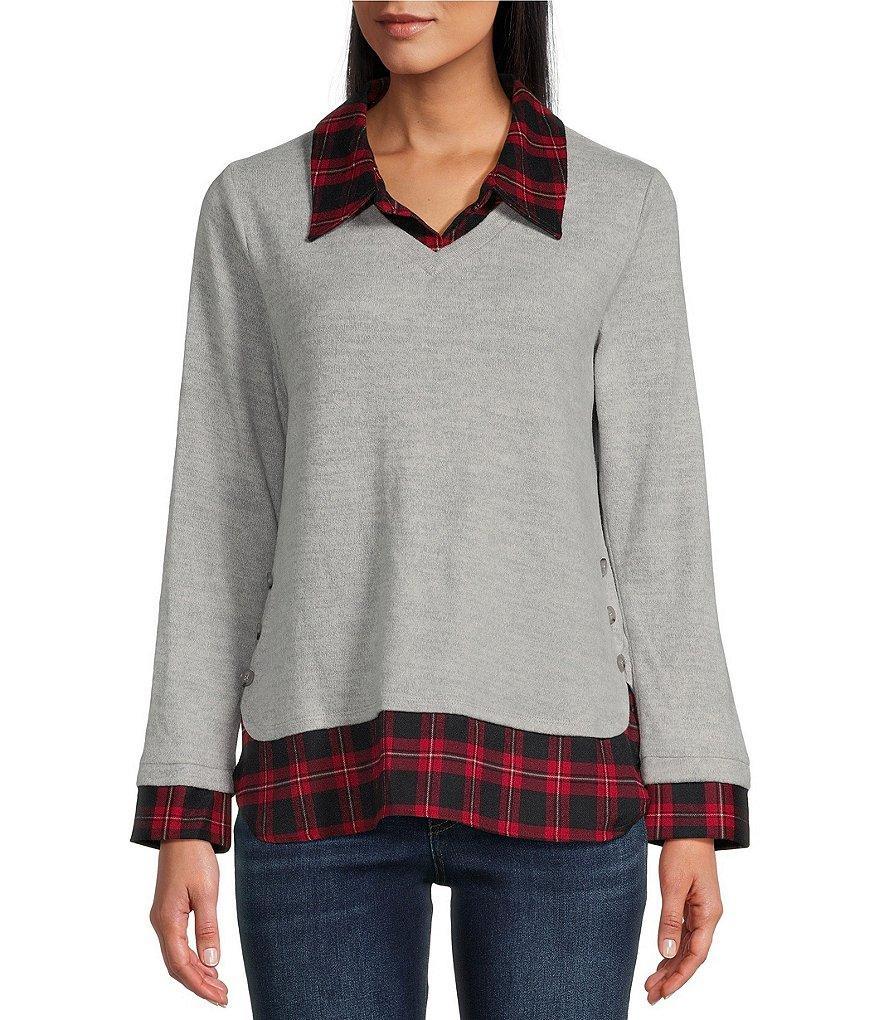 Leo & Nicole Mixed-Media Plaid Point Collar Long Sleeve Layered Sweater Product Image