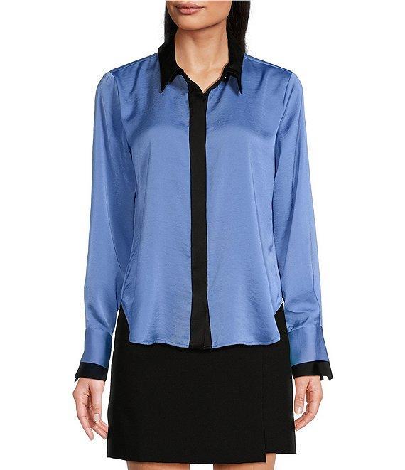DKNY by Donna Karan Sueded Satin Contrast Point Collar Long Sleeve Button-Front Shirt Product Image