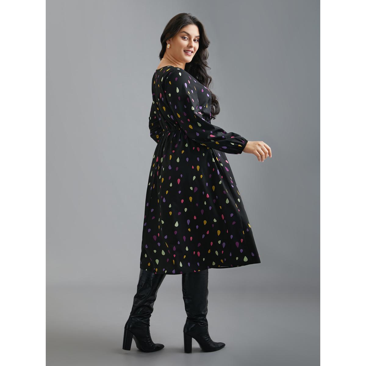 Plus Size V Neck Color Contrast Lantern Sleeve Dress Black Women Elegant Contrast V-neck Long Sleeve Curvy BloomChic 30/6X Product Image