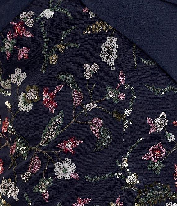 JS Collections Floral Pattern Embroidered Mesh One Shoulder Short Sleeve Asymmetrical Twit Sheath Midi Dress Product Image