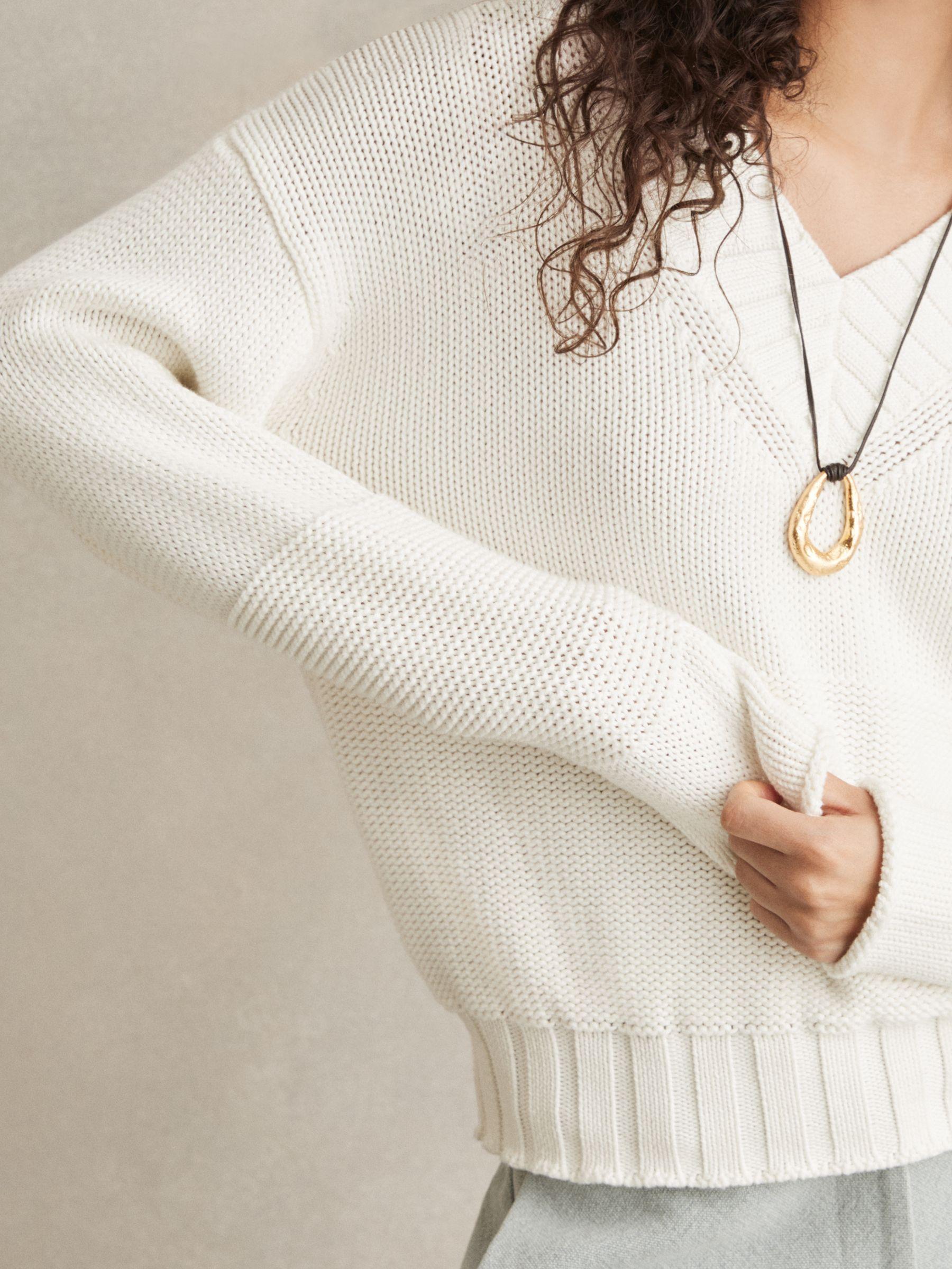 Cotton V-Neck Knit Jumper in White Product Image